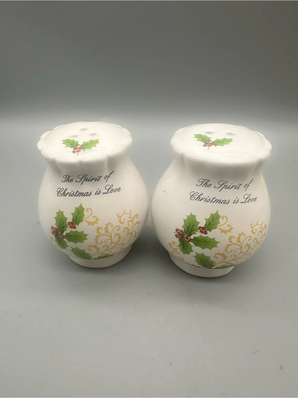 Vintage Atico Festive Holly Ceramic Salt & Pepper Shakers - White